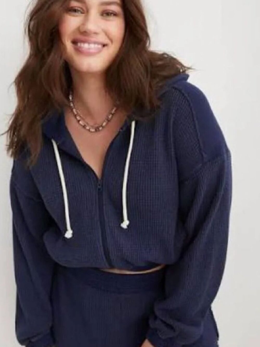 Aerie High Waisted Waffle Set - Hoodie, Shorts, Bra Combo! Navy Blue